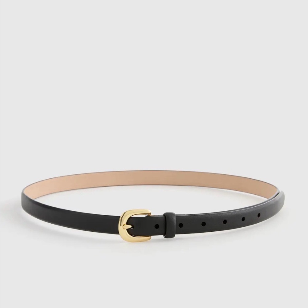 QUINCE Sophia European Leather Skinny Belt, Black with Gold Buckle, XS